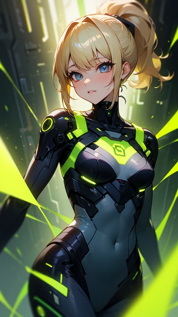 high resolution、ponytail、Perm、Blonde、No sleeve、cyber punk、Neon colored clothes、sexy