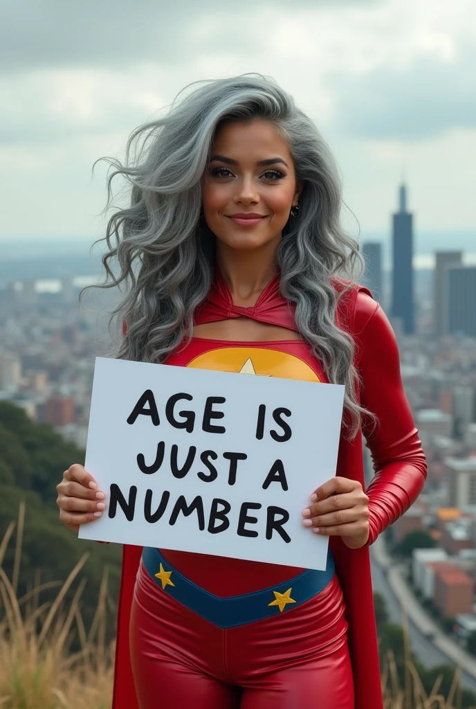 A beautiful youthful looking Hispanic version of a gray haired Ariana Grande as a 50 years old woma n with long her completely gray hair in a big curls styles as a superhero  wearing a superhero costume standing on top of a hilI overlooking a big city holding a white board with text "I age is just a number" and showing it to the viewer