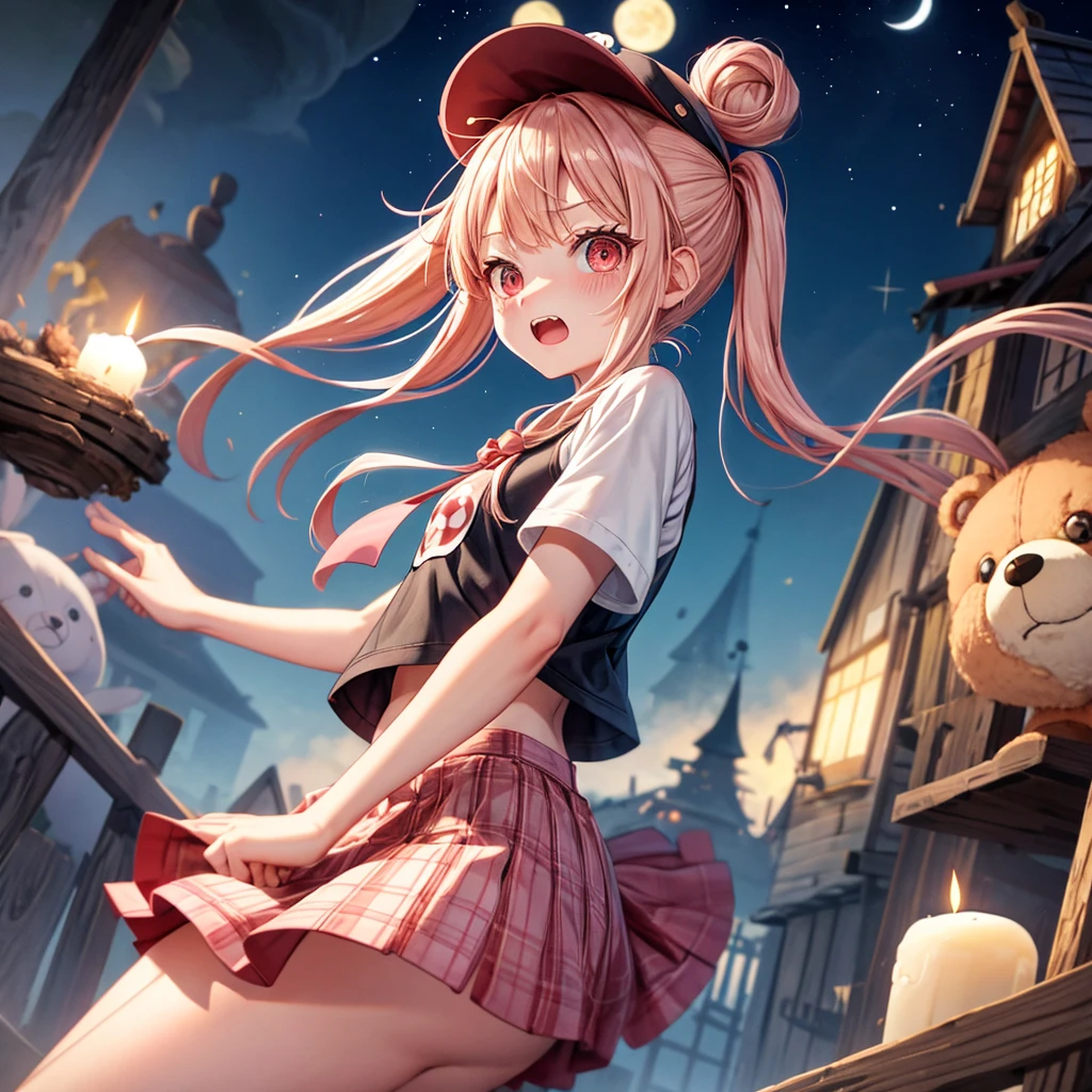 Pink Blonde、Red eyes、Hair tied up、One cute girl、solo、And soul、Checked mini skirt、black t-shirts、one piece、bear ears baseball cap、large tree、Thundercloud、Burning Full Moon、The tree is dead、Candle、Iron ore piles up、Teeth are visible、Fortress City、Tilting face、Starry Sky、A teddy bear is jumping
