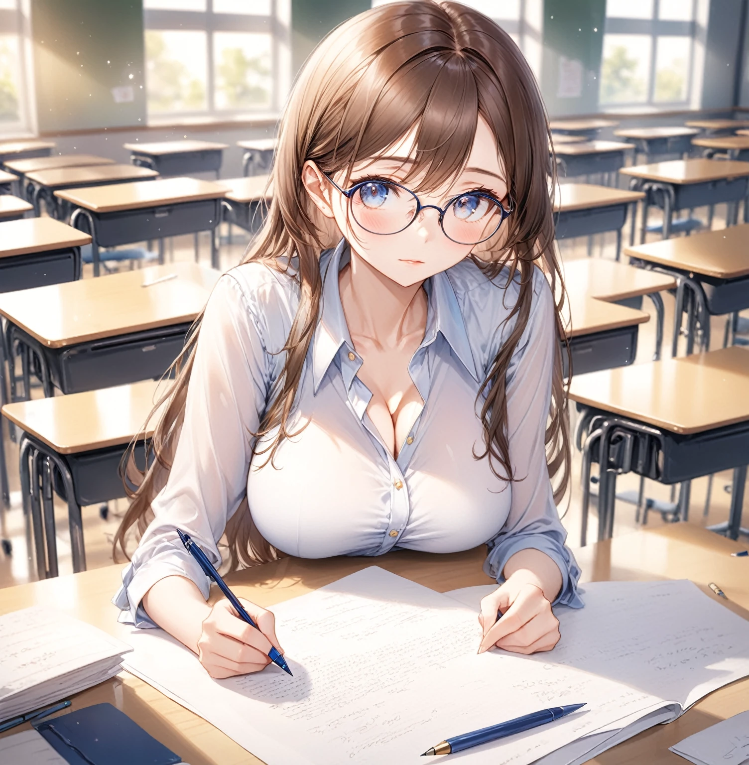 (Highest quality,8k,32K,masterpiece,Ultra-high resolution :1.2 ),born,One girl,Super cute,Natural light,Clear, shining eyes,20-year-old,Fair skin,College classroom electronic world fantasy background,Brown Hair,Answer the survey,Large Breasts,Writing on paper,Wearing glasses,Dress shirt