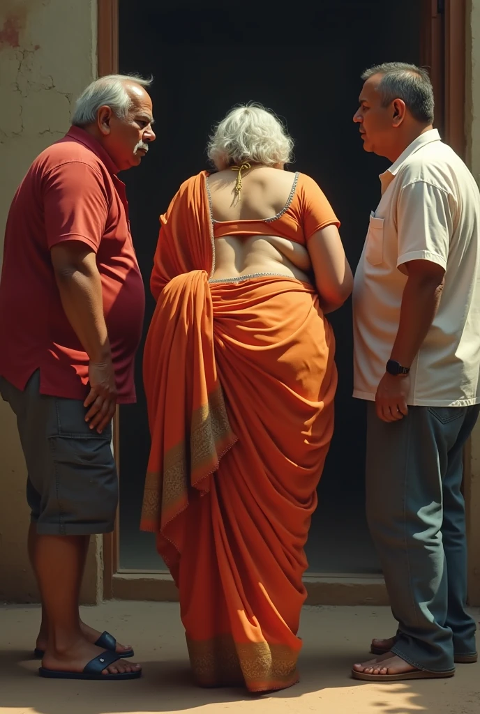 (photorealism:1.2), Indian aunt
bending in front of two men , showing her fat ass