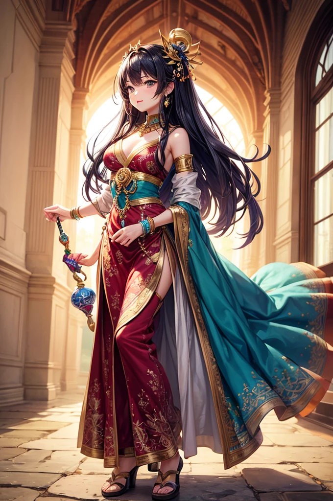 a gorgeous genie, 1 girl, long flowing hair, colorful and vibrant magical costume,