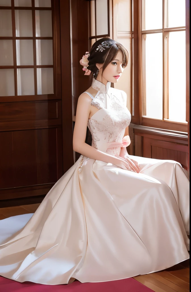 (masterpiece), Highest quality, High resolution, Ultra high definition,Very detailed, Attractive woman, Chinese style white beautiful dress, Chinese elegant dress, Exquisite detail, Beautiful and elegant Chinese dress, Colorful and shiny, The dress floats, Elevation, Natural closure (close), Require, Warm colors like sunlight Focus Personal warm, Champagne, Details are highlighted, Super long ribbon, Open, whole body, Many detailed elements, Pink petals, Sunlight on the skin, wonderful, hairpin, Hydrangea, Private room. Film Grain, Soft Effect,