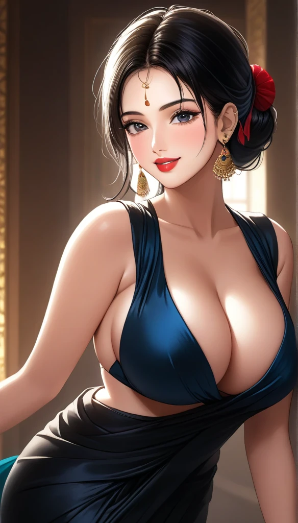 A beautiful mature woman bending down in front in a designeless plain silk black saree, exposing her ,intricate jhumka earrings, detailed alluring eyes, smooth lips, smiling, red lipstick, exposed navel, bangles, blue ribbon, saggy breasts, photorealistic, 8k, high quality, masterpiece, cinematic lighting, vibrant colors, intricate details, messy hair