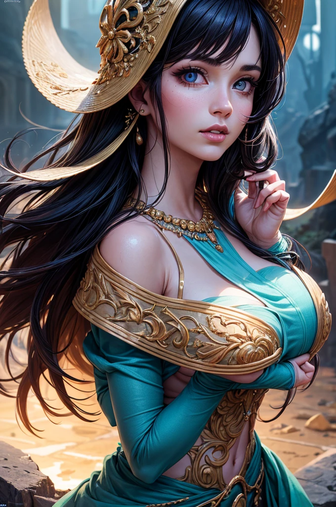 a gorgeous genie, 1 girl, long flowing hair, colorful and vibrant magical costume, extremely detailed eyes and face, beautiful detailed lips, longeyelashes, intricate ornate magical jewelry, glowing mystical gems, ethereal swirling magical energy, surreal fantasy landscape, lush vibrant colors, dramatic lighting, cinematic composition, digital painting, concept art, ultra-detailed, (best quality,4k,8k,highres,masterpiece:1.2),ultra-detailed,(realistic,photorealistic,photo-realistic:1.37)