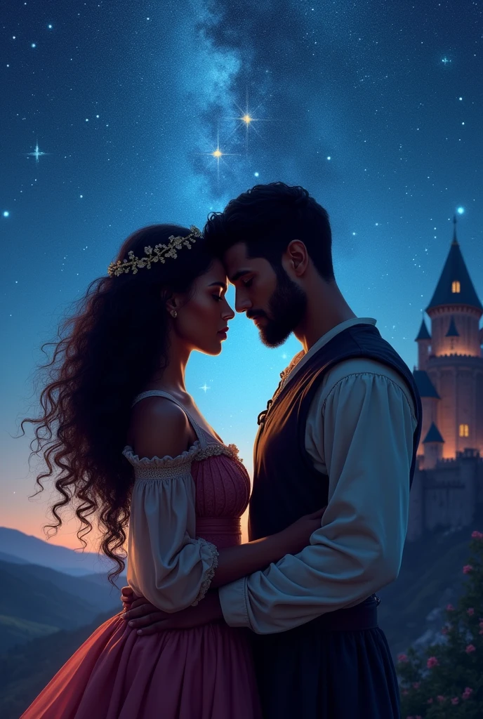 Create a cover for a book, It must be a couple hugging and resting their foreheads against each other, one with black skin color, with long, well-defined curly hair ,wearing a medieval princess dress and a dark-skinned man, wearing simple medieval clothes with simple short hair, with a beard to shave, the two must be in front of a castle with a starry sky the sky must attract a lot of attention with several stars shining