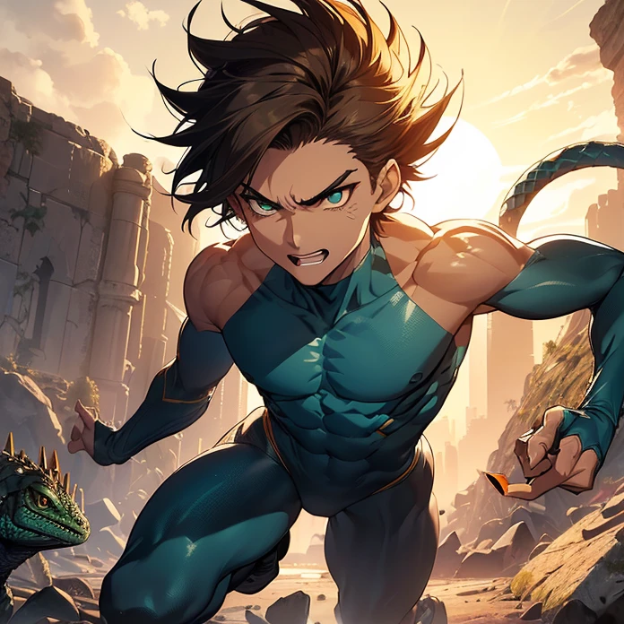 Absurdres, Masterpiece, anime, high quality, HD, best quality, perferct anatomy, simole background, cowboy shot, alone, front view
{{20 years old heroic young man mutant: (brown short spiky hair, ahoge, left blue eye with black pupil, (right green lizard eye with yellow snake pupil), fair skin, sharp nose, sharp brown eyebrows, slender body, slender muscular arms, (naked right lizard scaly arm, long lizard fingers, long sharp lizard claws)),(manly blue sking-tight body suit, bulky grey shoulder plates, blue gymnast pants, grey steel long boots, right arm covered with blue sleeve and blue steel gauntlet),(defiant expression, funny smile, open mouth clenching teeth, kung-fu fighter pose),(pale orange sky, sunny day with pale orange sky, white sun in the sky, black stone ruins, rocks and crystal spikes all around)}}