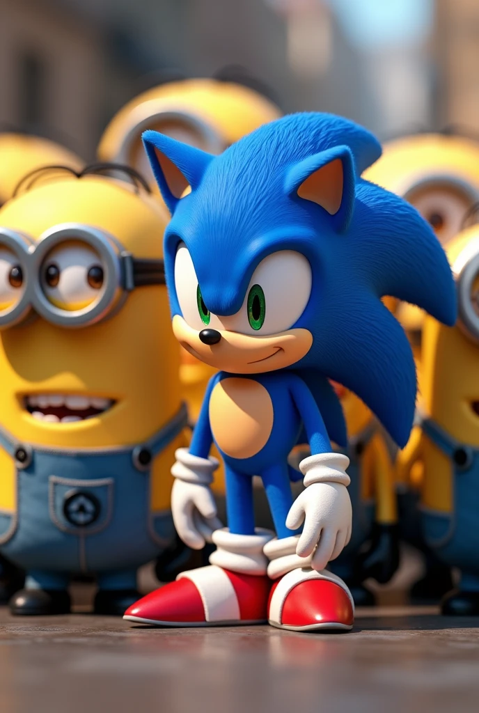 Please create an image where sonic is next to the mega minions from the movie despicable me 4