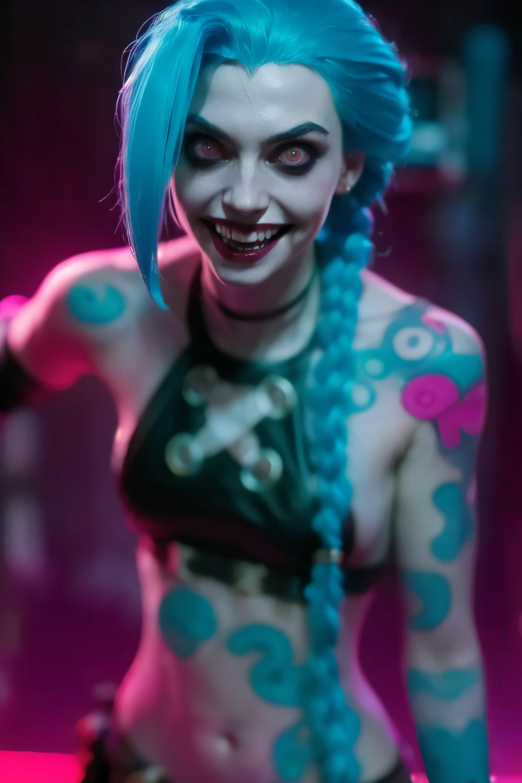 Hyper realistic super detailed Jinx cosplay ,((  girl, 15 yeVery detailed, (hyper realistic: 1.4), ((in dynamic fight pose)) , ((angry face)) , twin braids, long hair, blue hair, red eyes, (((blue tattoo on arm))) , ((skinny body)) , (((psycho face, creppy smiling) )), arcane style. ((Grunge Neon grafitti background, cinematic lighting)).