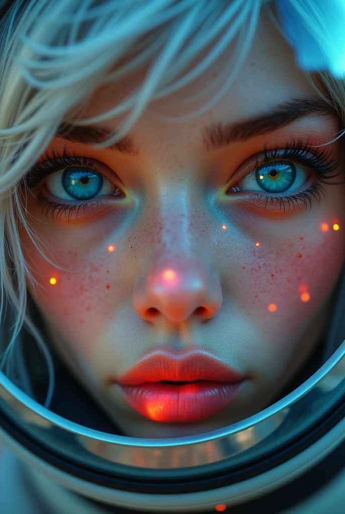 (Close-up of a better masterpiece:1.5)0.9], (Space and astronauts:1.2) (Messy silver hair:1.1) (Heterochromia xanthochromia and blue eyes:1.2) (Space Helmet:1.0) (Colored stars in the eyes:1.0) (A radiant glow:1.1) (thick lips:0.9)