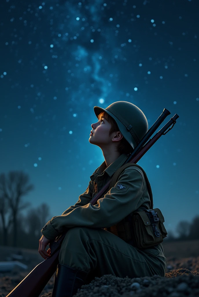 A cute soldier girl looks up at the night starry sky The girl was about 15years old, had short, unkempt chestnut hair, and was wearing a German military helmet and uniform.Girls wear military trousers,(The girl has a rifle slung over her shoulder:1.5).The perfect rifle model,The girl looks up at the starry sky,A slightly sad look,The girl is sitting with her knees raised in a crouching position.The background of the desolate battlefield ruins, the lonely night battlefield,The spectacular starry sky makes you feel like you're watching a planetarium. The sparkle of the stars will take your breath away.A dynamic shot of the starry sky reminiscent of a scene from a movie.High quality, high quality, (masterpiece, best quality, 4k,8k.1.5)Ultra detail,Ultra-fine painting,Physically Based Rendering, Dramatic Lighting,