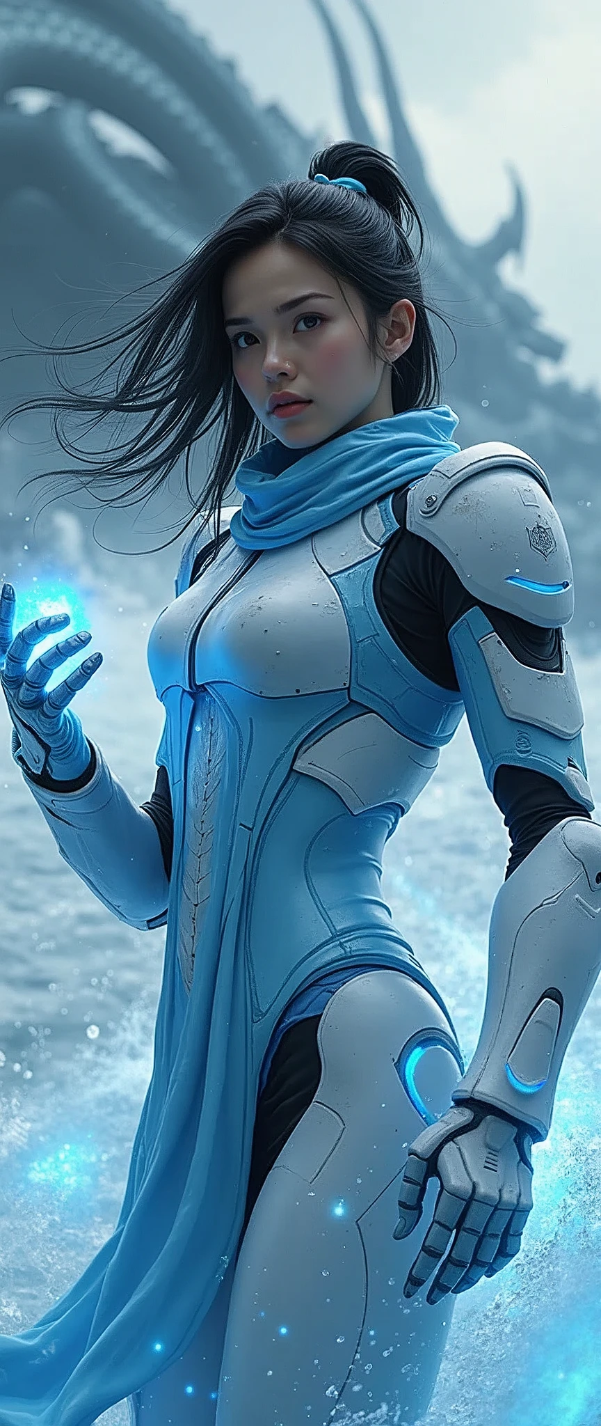 (masterpiece:1.2, Highest quality,High resolution,Super detailed),8k,wallpaper,(Very detailed),(Armored Core Style),Woman in ninja robot armor,Black Hair,Random Hairstyles,(Water Ninja),(Light blue body),(Detailed face:1.3),(Detailed body:1.3),((Cowboy Shot)),(The background is a giant water dragon:2.0),Hair blowing in the wind,cyber punk,(dynamic),(Preparing for battle,Make a magic seal with your palm:2.0,The electronic parts of the armor glow.),(Detailed hands:1.6),(Flashy special move effects:2.0)