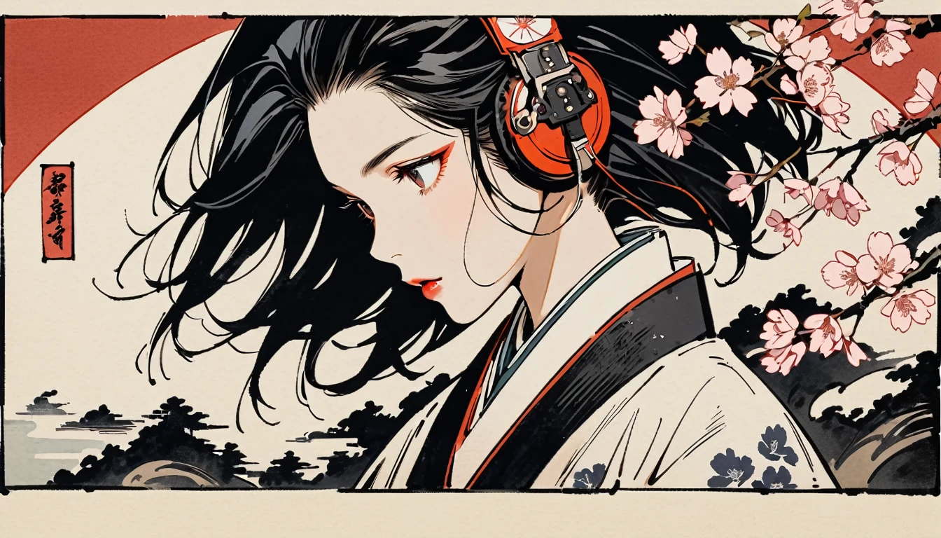 Ink Painting, (((1 girl))), Japanese style headphones, Beautiful female samurai, Black Hair, Delicate and precise, Modern ukiyo-e style, cherry blossoms