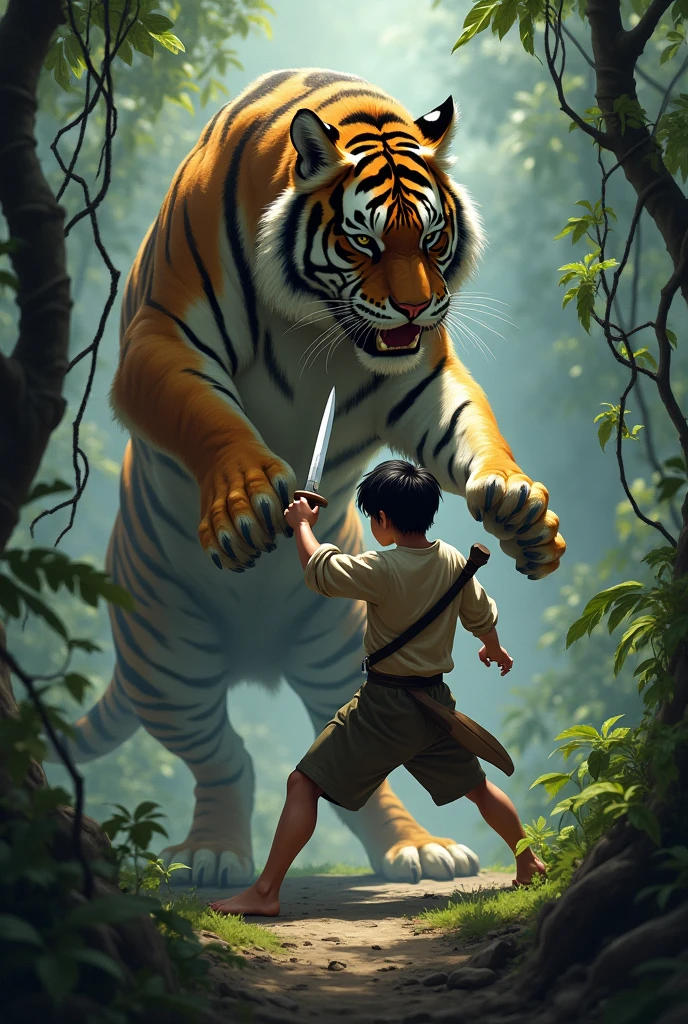 Create an image of a boy stabbing a tiger
