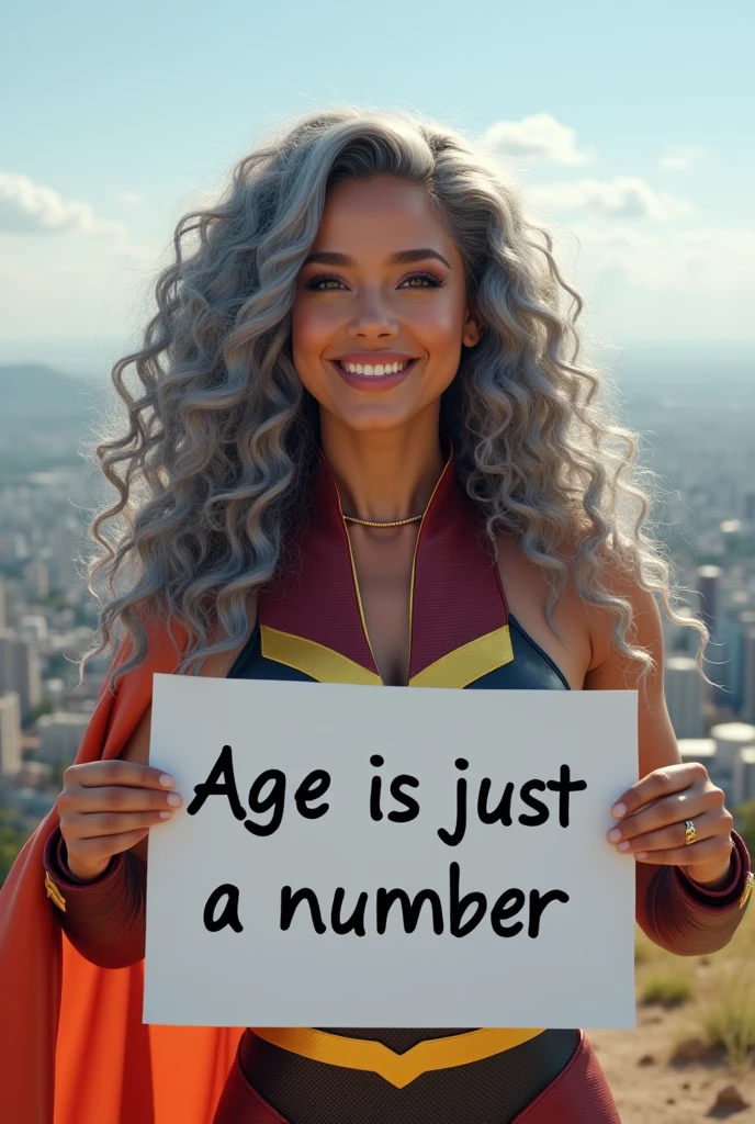 A beautiful youthful looking Hispanic version of a gray haired Ariana Grande as a 50 years old woma n with long her completely gray hair in a big curls styles as a superhero wearing a superhero costume standing on top of a hilI overlooking a big city holding a white board with text "I age is just a number" and showing it to the viewer