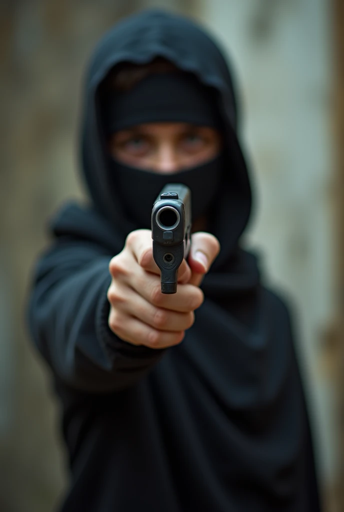 Photo of young sad terrorist while pointing his gun at the camera in a war context 