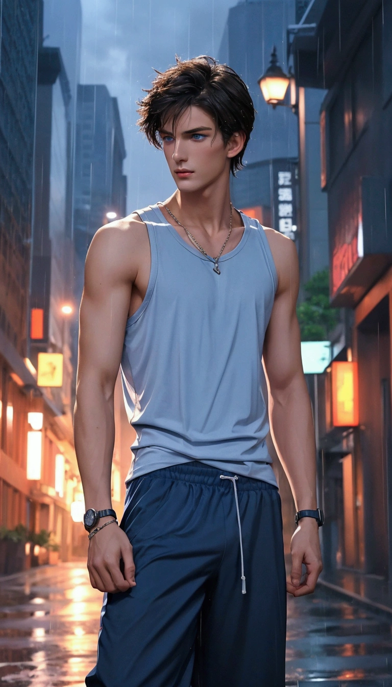 guy in the rain with a watch on his wrist, handsome man, handsome pose, tall guy with blue eyes, young  man, wearing a tanktop, good feature, nice jawline, wearing long navy Sports pants.