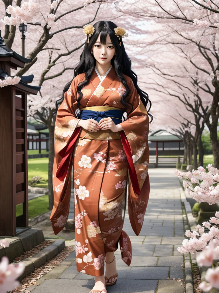 A highly detailed and vibrant full-body image of an adult Japanese anime female character. She has long, flowing black hair with soft waves, and her expressive, large brown eyes are full of emotion. She is wearing a traditional yet modern kimono with intricate patterns in shades of deep red and gold, and the fabric flows elegantly around her. The character is depicted from head to toe, with no cuts, showing her full figure. The background is a beautiful blend of cherry blossoms in full bloom, with soft petals falling around her, giving the scene a serene and magical atmosphere. The art style is typical of high-quality Japanese anime, with fine linework and vivid colors.
