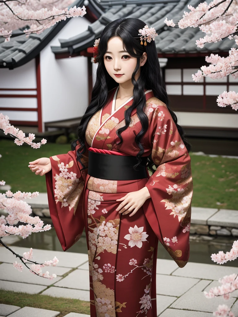 A highly detailed and vibrant full-body image of an adult Japanese anime female character. She has long, flowing black hair with soft waves, and her expressive, large brown eyes are full of emotion. She is wearing a traditional yet modern kimono with intricate patterns in shades of deep red and gold, and the fabric flows elegantly around her. The character is depicted from head to toe, with no cuts, showing her full figure. The background is a beautiful blend of cherry blossoms in full bloom, with soft petals falling around her, giving the scene a serene and magical atmosphere. The art style is typical of high-quality Japanese anime, with fine linework and vivid colors.