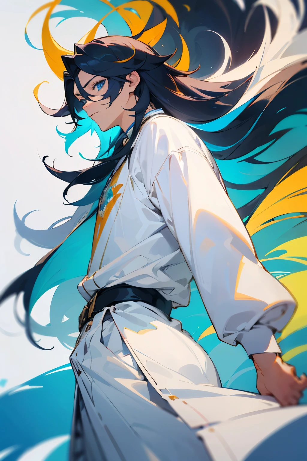 ((best qualityer)), ((work of art)), (detailded), male, long hair, multicolored hair, bright blue eyes, white clothes, light clothes, Colorful