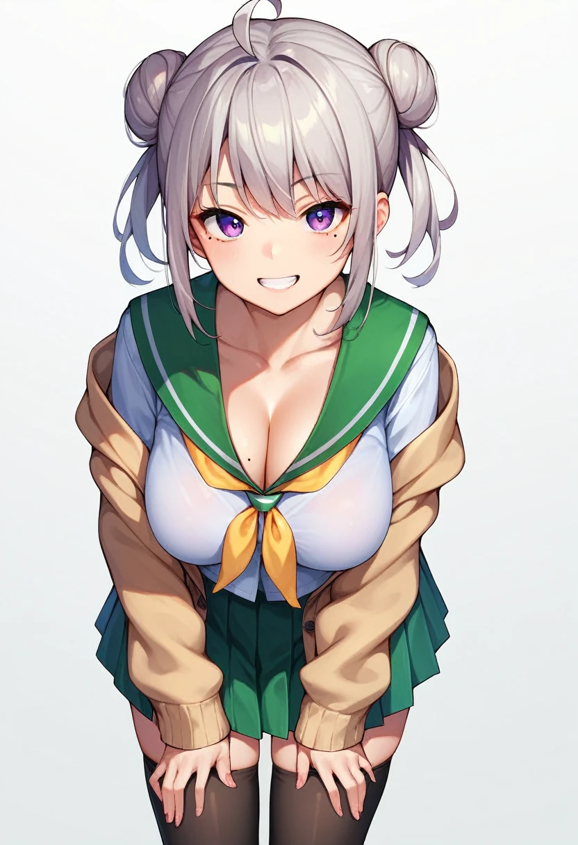 1girl, solo, breasts, looking at viewer, smile, bangs, skirt, large breasts, simple background, shirt, thighhighs, long sleeves, white background, school uniform, purple eyes, collarbone, white shirt, ahoge, grey hair, pleated skirt, open clothes, serafuku, black thighhighs, sailor collar, off shoulder, hair bun, mole, grin, neckerchief, sleeves past wrists, mole under eye, double bun, leaning forward, cardigan, green skirt, yellow neckerchief, open cardigan, green sailor collar, hands on own thighs