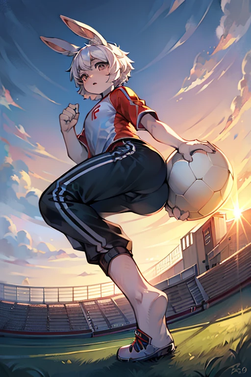 masterpiece,best quality,super detailed,super fine illustration,8k,(fullface brasched:1.3),masterpiece,best quality,dynamic angle,detailed background,BREAK perfect face,perfect legs,perfect hands,BREAK (sports uniform:1.2),(sports pants:1.2),BREAK soccer player BREAK soccer field,soccer stadium,sunset,detailed background,beautiful background,BREAK she is playing soccer.BREAK (white rabbit years:1.2),rabbit girl,short hair,girl,Small breasts,white hair,Serious expression,BREAK ゴールに向かってシュートする。