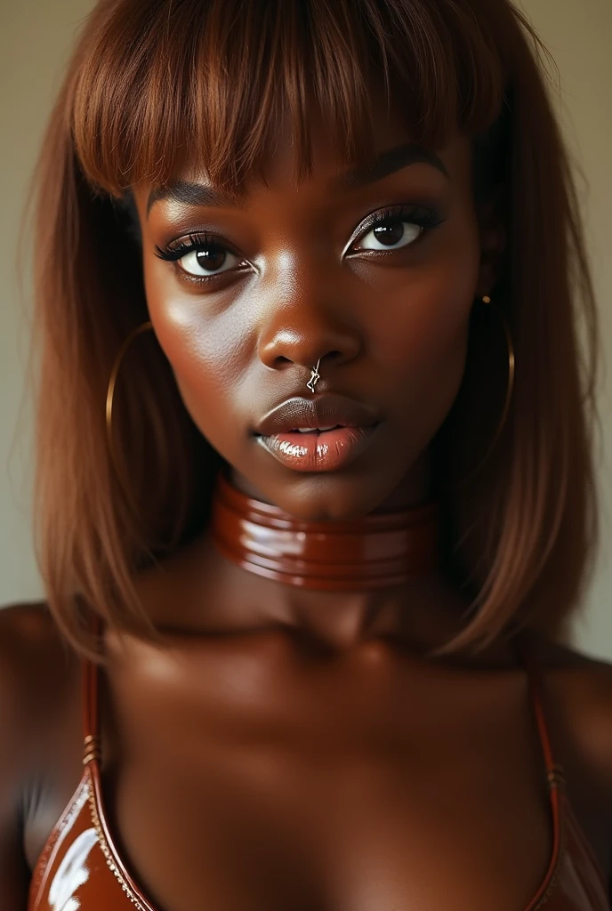 african woman, young, naked, ginger bangs, septum piercing, dimples, thick belt around neck, naughty expression, brown shiny latex bodysuit, close-up, UHD, retina, masterpiece, accurate, anatomically correct, textured skin, super detail, high details, high quality, award winning, best quality, highres
