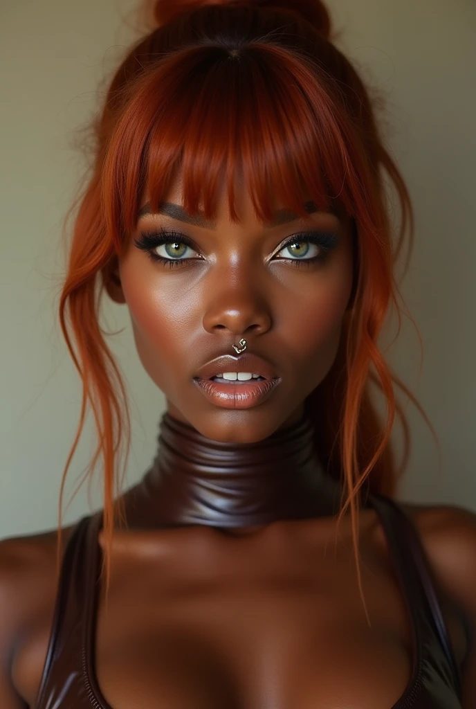 african woman, young, naked, ginger bangs, septum piercing, dimples, thick belt around neck, naughty expression, brown shiny latex bodysuit, close-up, UHD, retina, masterpiece, accurate, anatomically correct, textured skin, super detail, high details, high quality, award winning, best quality, highres