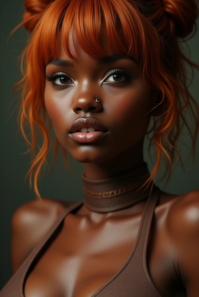 african woman, young, naked, ginger bangs, septum piercing, dimples, thick belt around neck, naughty expression, brown shiny latex bodysuit, close-up, UHD, retina, masterpiece, accurate, anatomically correct, textured skin, super detail, high details, high quality, award winning, best quality, highres