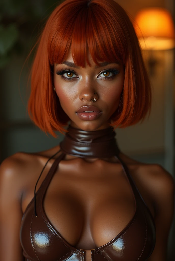 african woman, young, naked, ginger bangs, septum piercing, dimples, thick belt around neck, naughty expression, brown shiny latex bodysuit, close-up, UHD, retina, masterpiece, accurate, anatomically correct, textured skin, super detail, high details, high quality, award winning, best quality, highres