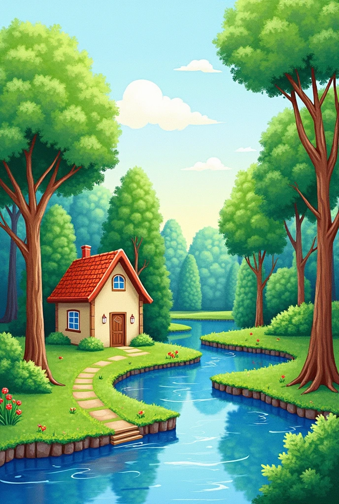 Landscape with house, river and trees painted with crayons. Simple horizontal drawing to paint