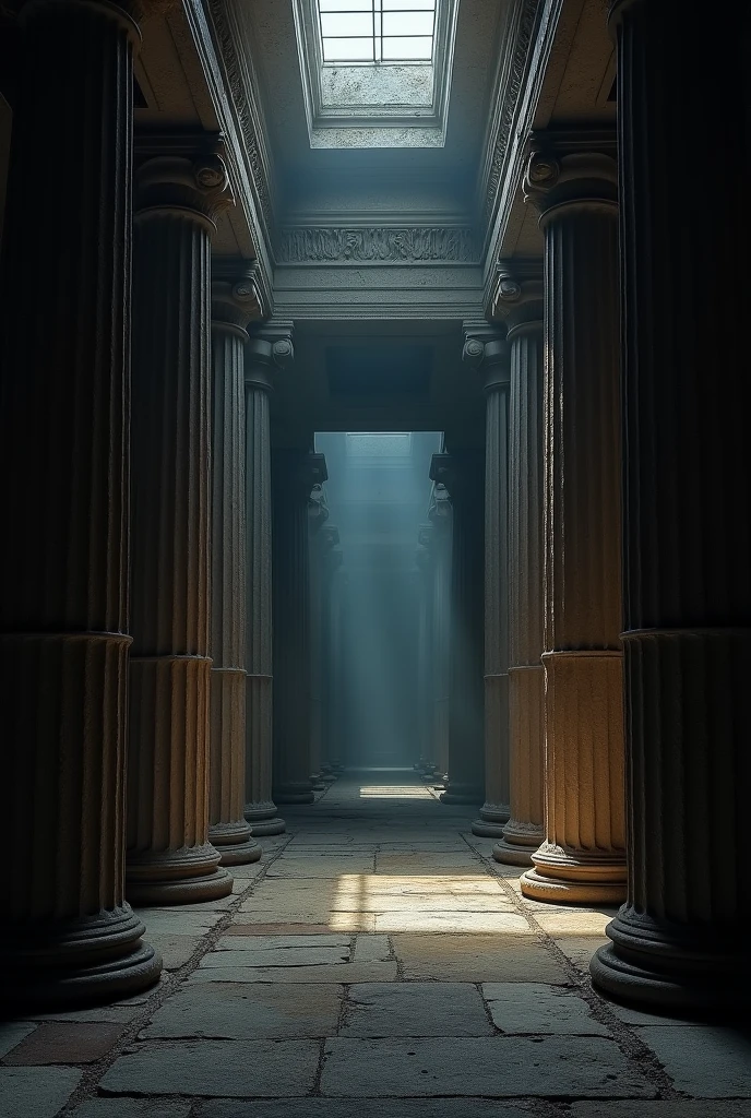 Inside a large dark gloomy Greek Temple