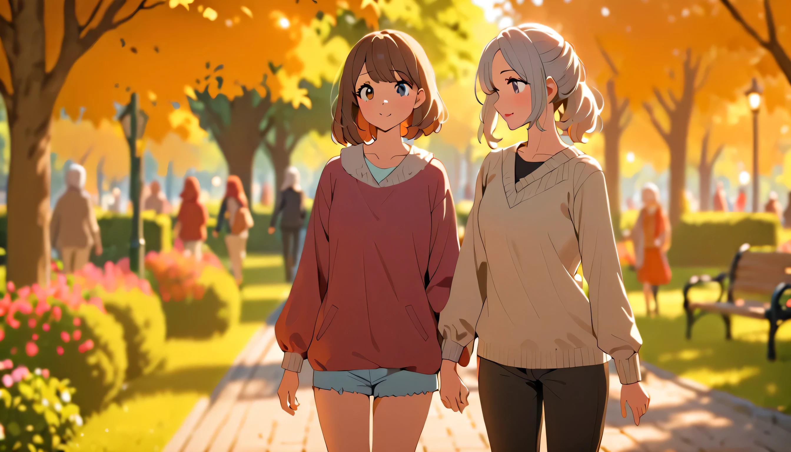 a girl and an older woman are walking side by side in the park, （a toy poodle at her feet:1.2), a girl in casual clothes, adorable expression, detailed fur, soft lighting, warm colors, animetic, 8k, highres, detailed background, cozy atmosphere, beautiful detailed eyes, beautiful detailed lips, extremely detailed face and expression, long eyelashes, detailed clothing folds, soft focus, depth of field, natural lighting, vibrant colors, masterpiece