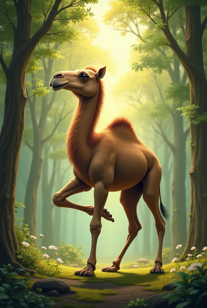 camel doing vraksasana in the forest