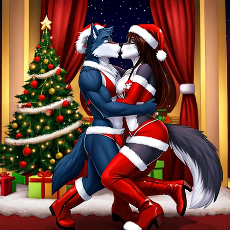 Wolf stripper bikini short shorts Christmas wearing boots kissing