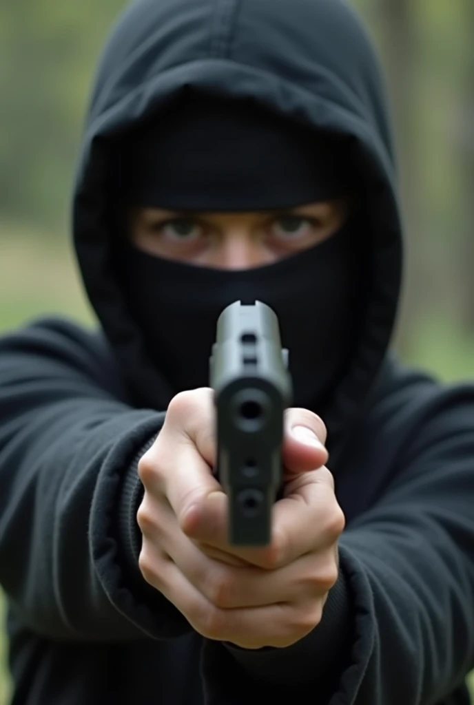 Photo of young sad terrorist while pointing his gun at the camera in a war context 