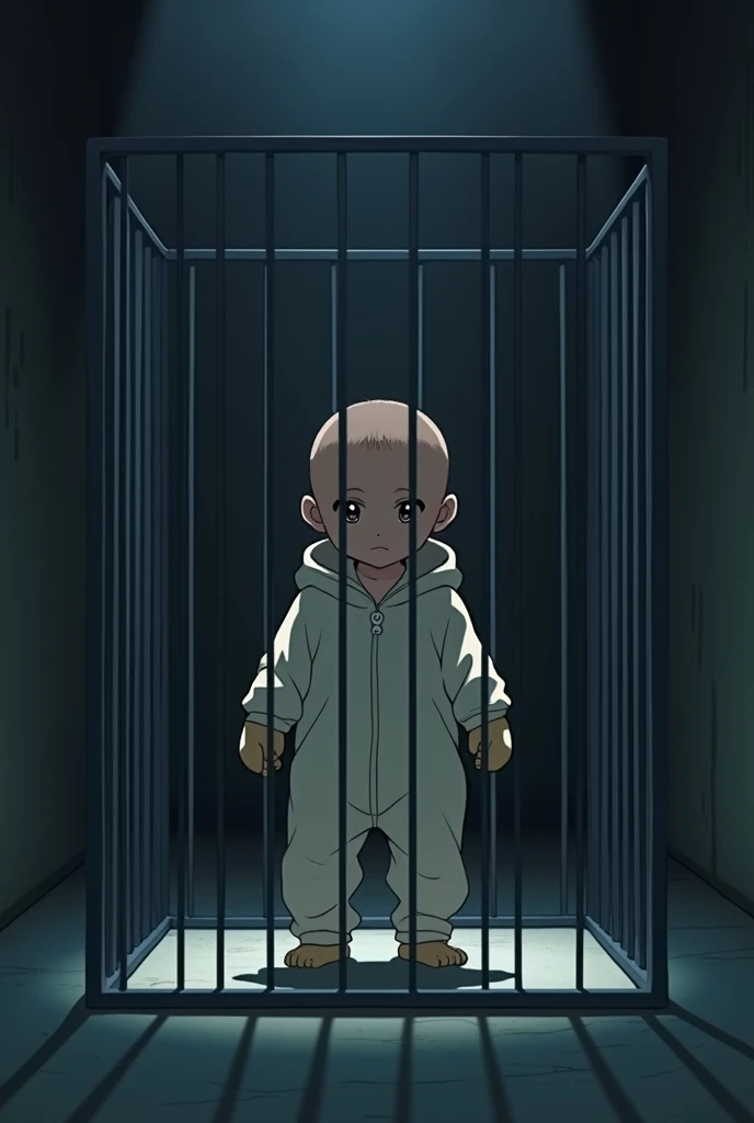 Cinematic Anime style. Manga art. TME0224 face, (((a baby boy, 4 year old))) in a funny night (((wearing a baggy onesie with hands in mittens))), (((inside a tiny closed cage behind bars))). cinematic lighting, drop shadow, masterpiece, UHD, anatomically correct, textured skin, super detail, high details, high quality, best quality, 4K, full body, standing