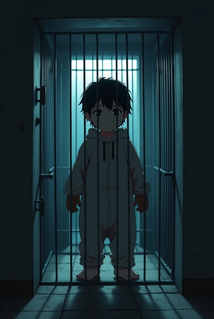 Cinematic Anime style. Manga art. TME0224 face, (((a baby boy, 4 year old))) in a funny night (((wearing a baggy onesie with hands in mittens))), (((inside a tiny closed cage behind bars))). cinematic lighting, drop shadow, masterpiece, UHD, anatomically correct, textured skin, super detail, high details, high quality, best quality, 4K, full body, standing