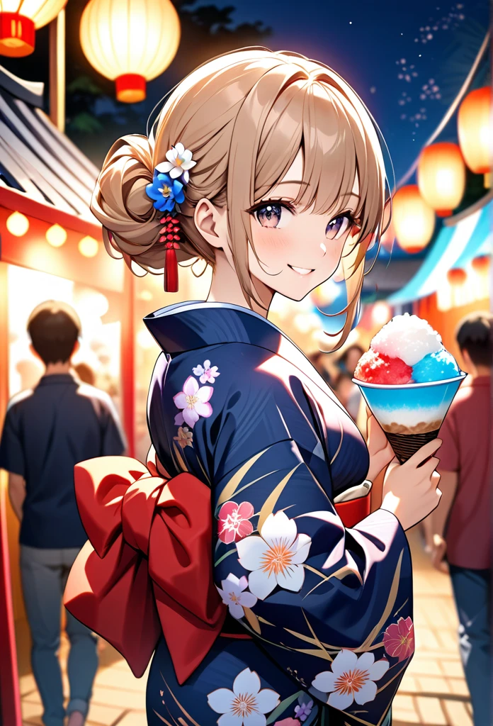 A girl is smiling while eating shaved ice at a summer festival.The girl is very cute and youthful, light Brown twin-tailed hair,Wearing a barrette on a kimono.The girl is wearing a yukata with a beautiful pink pattern.Holding a shaved ice with red syrup, he flashes a proud smile at the camera.Summer festival background with summer festival night stalls lined up,The lights of the night stalls and lanterns make the girls look beautiful.The beauty, luster and texture of the girl's hair, the cuteness of her face and the beauty of her skin, the texture of the yukata based on the Japanese tradition,The beauty and texture of the obi,The beauty of the light on the shaved ice,The fantastic beauty of the lights at night stalls and festivals,Back view, girl looking at camera.(
High quality, high definition, masterpiece, best quality, 4k, 8k:1.2).Ultra detail,Cinema lighting, ultra-fine painting,Super Fine View,Professional photography,beautiful girl