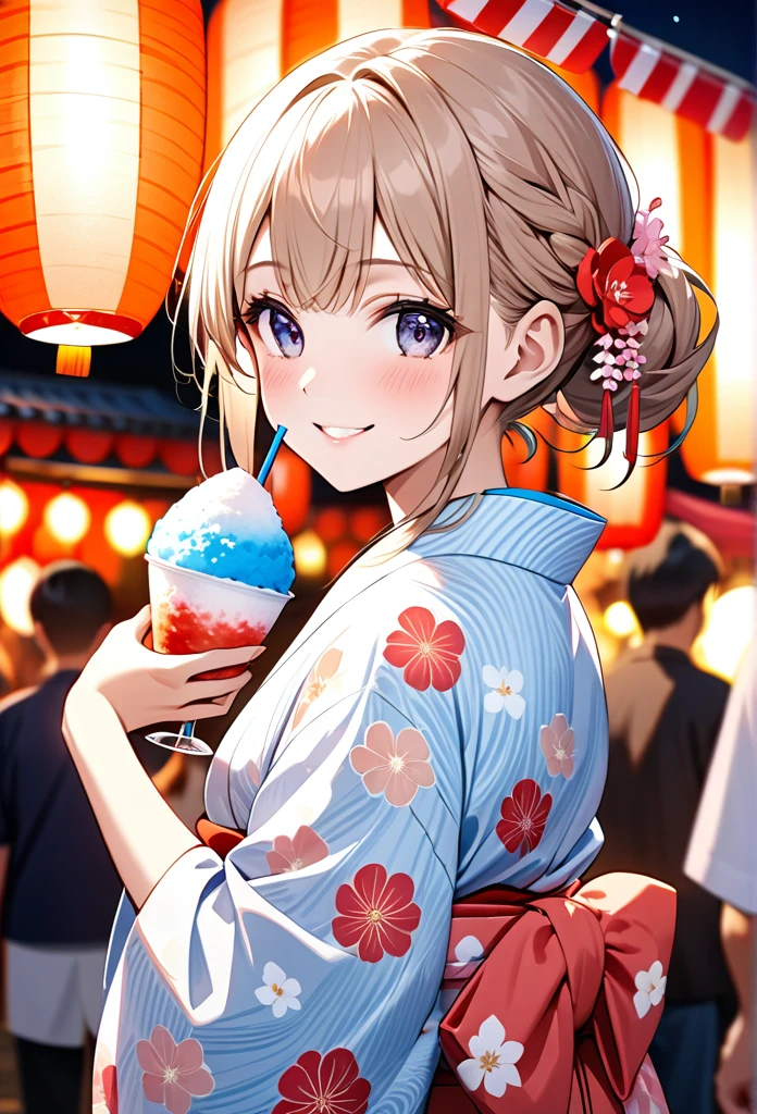 A girl is smiling while eating shaved ice at a summer festival.The girl is very cute and youthful,  light Brown twin-tailed hair,Wearing a barrette on a kimono.The girl is wearing a yukata with a beautiful pink pattern.Holding a shaved ice with red syrup, he flashes a proud smile at the camera.Summer festival background with summer festival night stalls lined up,The lights of the night stalls and lanterns make the girls look beautiful.The beauty, luster and texture of the girl's hair, the cuteness of her face and the beauty of her skin, the texture of the yukata based on the Japanese tradition,The beauty and texture of the obi,The beauty of the light on the shaved ice,The fantastic beauty of the lights at night stalls and festivals,Back view, girl looking at camera.(
High quality, high definition, masterpiece, best quality, 4k, 8k:1.2).Ultra detail,Cinema lighting, ultra-fine painting,Super Fine View,Professional photography,beautiful girl
