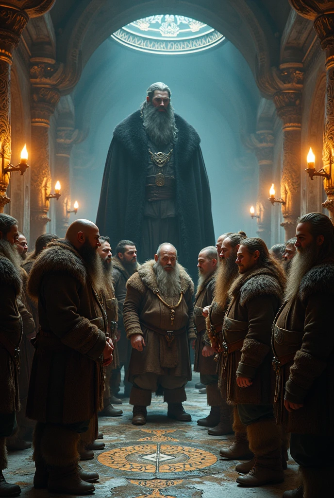 Group of young dwarves in Viking clothes and animal skin cloaks chatting animatedly in a corridor of an underground city with a very tall Mr Darcy in dark clothes.