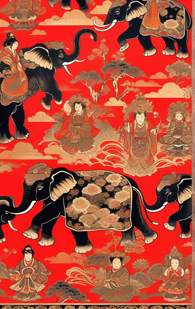 Traditional Japanese textile pattern in red, In black and gold colours、Featuring an intricate paisley design surrounded by delicate Indian gods, Lotus flowers and elephants in the background. The design is elegant and rich in texture, Reflecting traditional Japanese aesthetics. Perfect for luxury textiles and artistic wallpapers in traditional Japanese design style。.