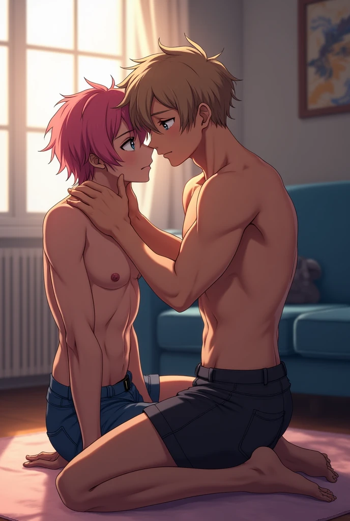 Draw two anime  room, one guy has dark pink hair, light  blue eyes, black skin, he is kneeling on the floor as a passive, he is shirtless, showing skin with slight muscles, while the other guy has light neutral brown hair, caramel eyes, brown skin, he is standing holding the chin of the passive Bl yaoi sexy