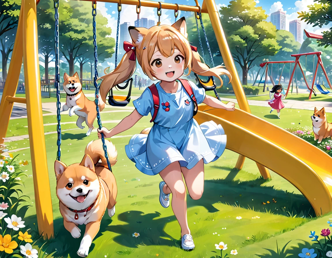 Light blue long hair、A beautiful girl with twin tails and five chibi characters、A park full of grass and flowers、There are slides and swings、My beloved Shiba Inu dog is running around happily.、