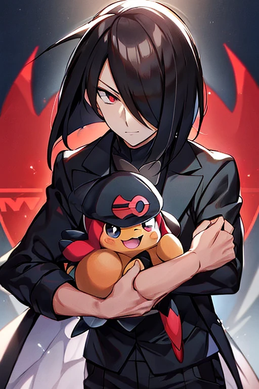 pokemon master man with black mafia suit and short hair, with a red eyes