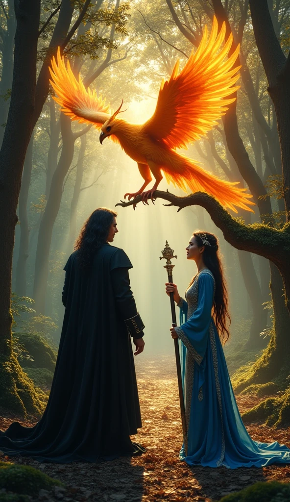 "In a dense, mystical forest with ancient trees and shimmering light filtering through the leaves, Vortex, a vampire hunter in a long black coat with a noble white shirt and flowing black hair, encounters a magnificent Phoenix. Mirage, wearing a blue robe with intricate silver embroidery and holding an ancient magical staff, stands beside him. The Phoenix, glowing with fiery rebirth, perches gracefully on a branch, casting a warm, golden light around them."