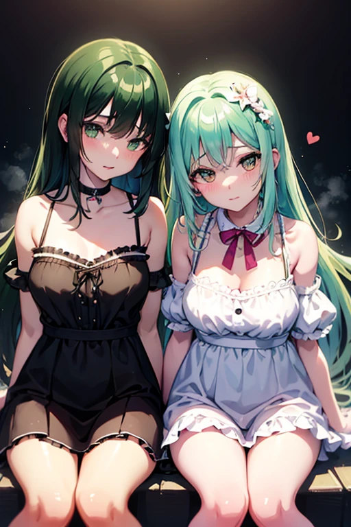 manga anime style, (ultra detailed, absolutely resolution, best quality:1.3), cute twin 18 year old girls, green medium hair, amorous and lewd face, big brown eyes, superlative body proportion, twins fashion, wearing white baggy frilly clothes, covered in tattoos, they sit together, snuggled up to each other and rub their faces together happily, background pastel colored dots and hearts, shading effects, gradation magic effects, foggy filter effects, glitter effects, 2.5D, delicate and dynamic, artistic photography, hyper realistic, graphic CG, nadeko01