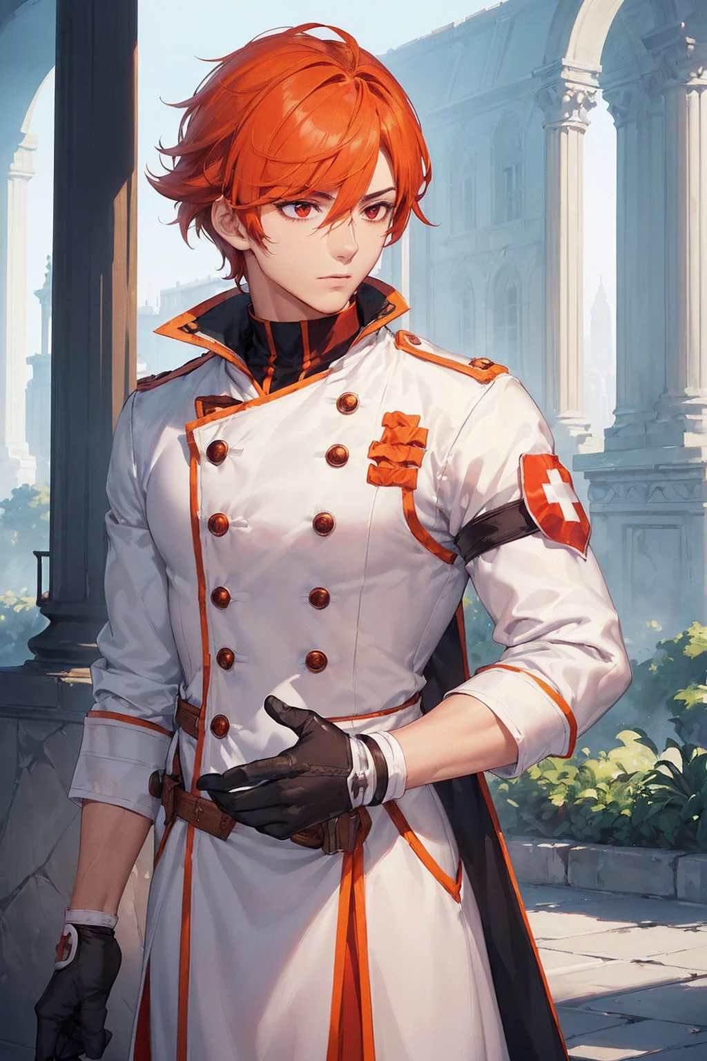 (((masterpiece; best quality: 1.2))), (finely detailed eyes: 1.3), ((1 young man)), ((solo)), (red eyes: 1.4), (body shape; lean, masculine, manly: 1.3), (very short orange hair: 1.3), (beautiful and clear background: 1.2), ((depth of field)), (equipment: high-fantasy medic garb + white long-sleeve overcoat + armband with red cross + black high-neck shirt + gloves: 1.3), (anime illustration: 1.2), (background composition; palace gardens + day: 1.1), (extremely fine and handsome: 1.1), (shot composition; standing + centered on face + bust close-up: 1.5), (facial expression; calm, stoic: 1.2)