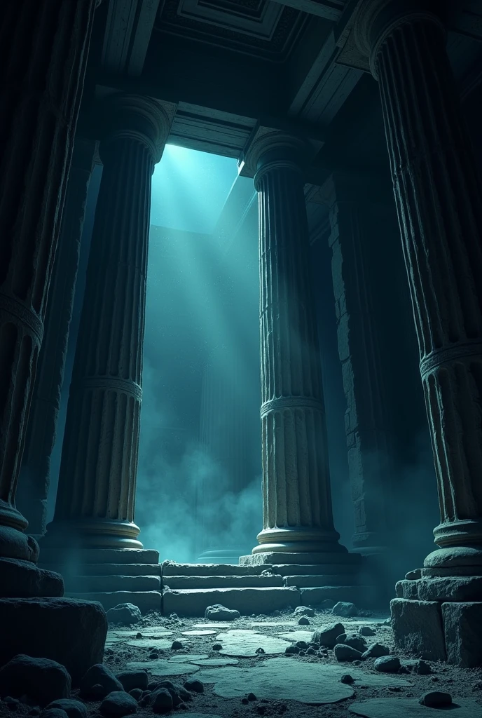 Inside a spooky Greek Temple big dark scary animated