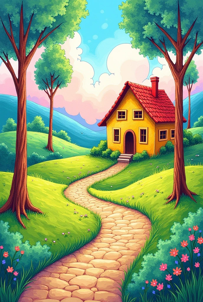 Landscape with house, sidewalks and trees painted with crayons. Simple horizontal drawing to paint